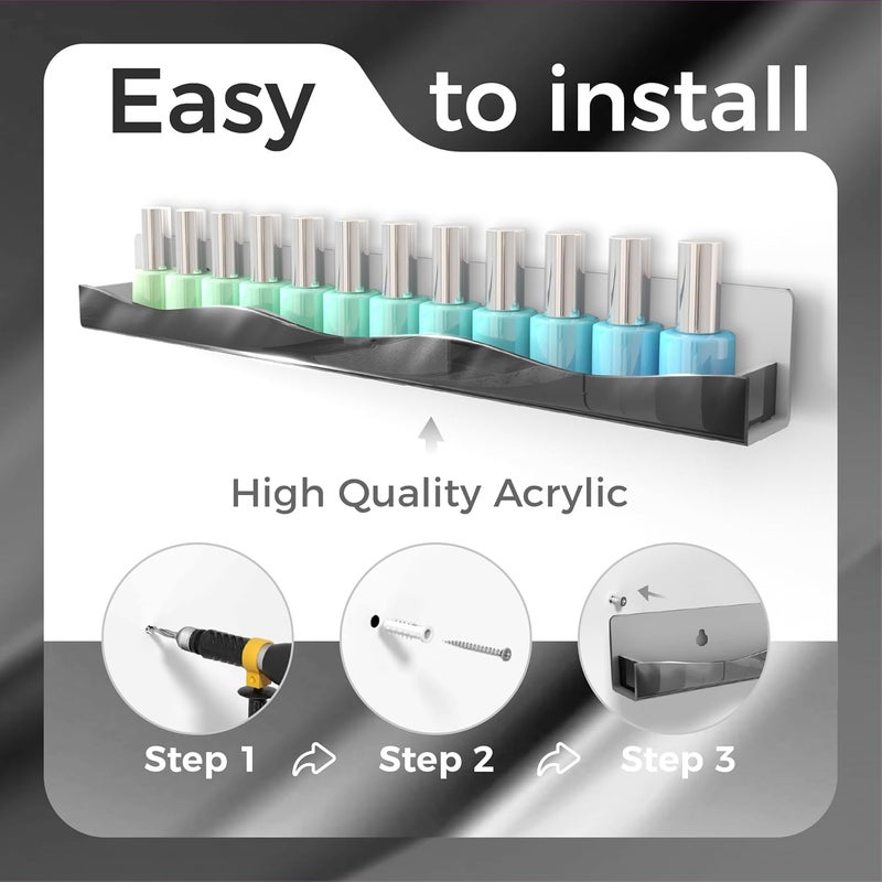 YMVV Wall-Mounted Nail Polish Organizer Rack - 15-Inch Black Mirror Finish Nail Polish Shelf, Makeup & Beauty Essentials Storage - Multi-Purpose Display Holder for Small Space, Vanity Bathroom, 6 Pack - Image 4